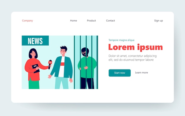 Journalist making crime report. Guy telling newscaster about his help in catching criminal. Flat vector illustration. Broadcasting, news concept for banner, website design or landing web page