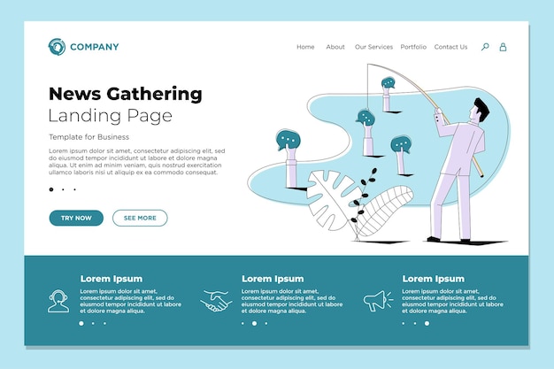 Journalist man fishing users info posts comments and messages. News gathering and article creation website landing page design template. Journalism concept vector illustration