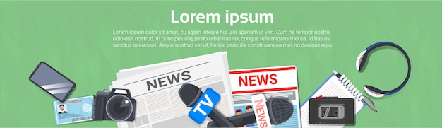 Vector journalist workplace concept horizontal banner top view of newspaper, microphone, tape recorder