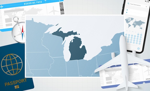 Journey to Michigan illustration with a map of Michigan Background with airplane cell phone passport compass and tickets