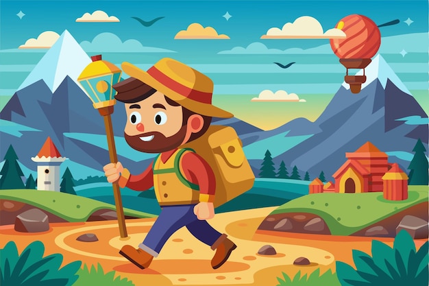 Vector a jovial hiker walks along a winding trail surrounded by vibrant mountains and charming villages on the way customizable cartoon illustration