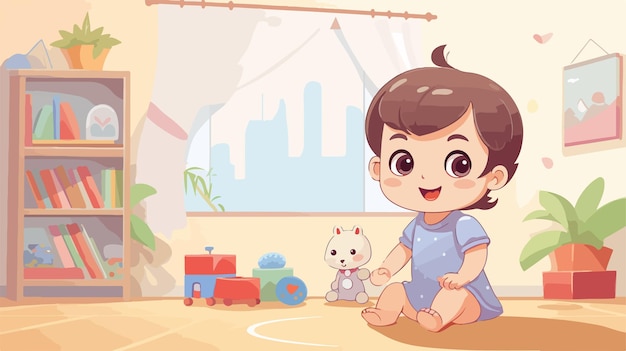 Joyful Baby Girl Playing at Home Vector Illustration