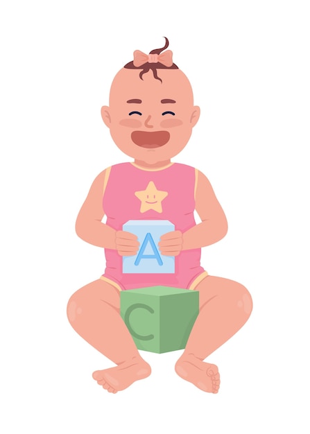 Joyful baby girl with cubes semi flat color vector character