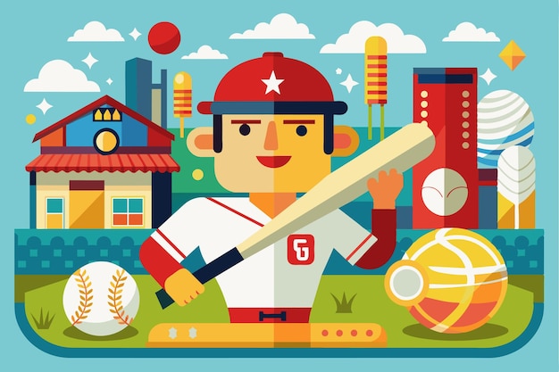 Vector a joyful baseball player stands ready with a bat showcasing a colorful sportsthemed background home run customizable flat illustration