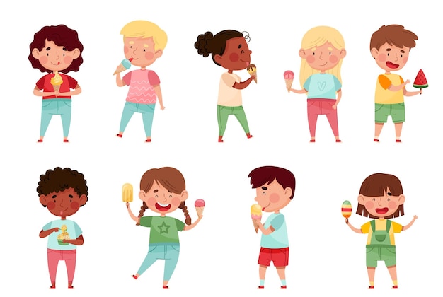 Vector joyful boys and girls holding and eating ice cream vector set