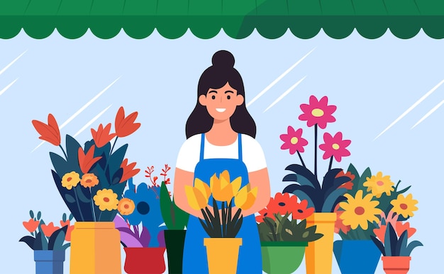 Joyful brunette florist woman standing in front of the flower shop with a bunch of colorful flowers