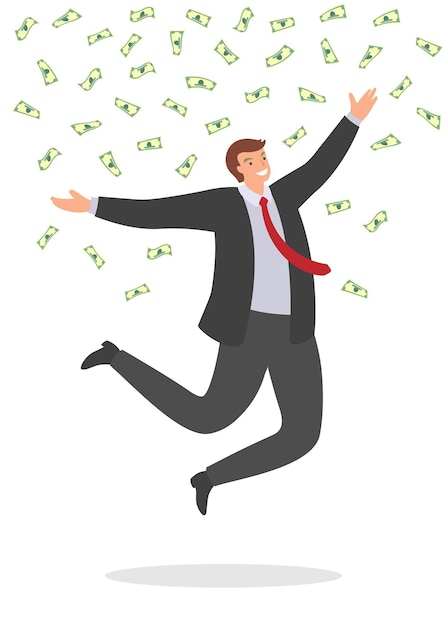 Joyful businessman jumping with happiness under falling money bills. 