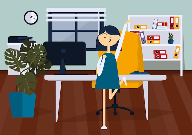 Joyful businesswoman jumping in office room. Front view. Color vector cartoon illustration