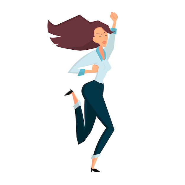 Joyful businesswoman jumping. Side view. Color flat vector cartoon illustration isolated on white