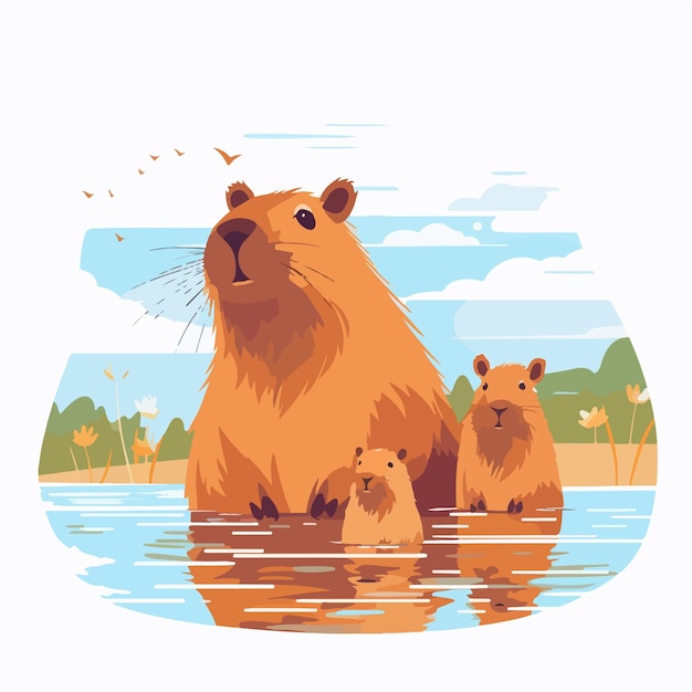 Vector joyful capybara family adorable mother and baby capybara having fun