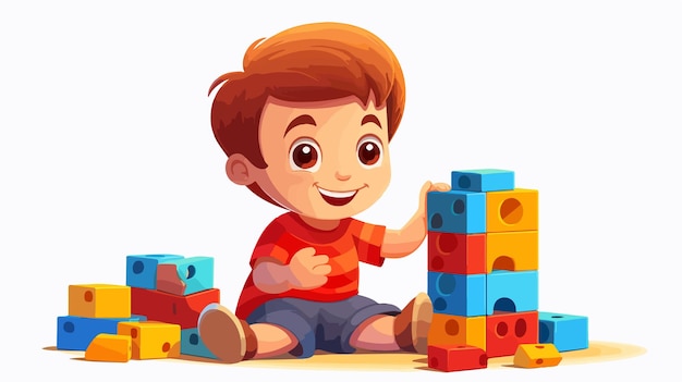 Joyful Cartoon Boy Child Playing with Building Blocks