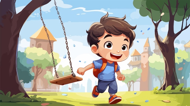 Joyful Cartoon Boy Playing Outdoors Fun and Adventure Illustration