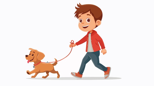 Joyful Cartoon Boy Walking with Pet Dog Vector Illustration