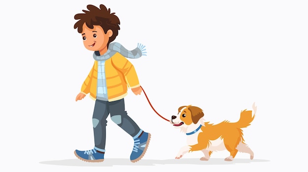 Joyful Cartoon Boy Walking with Pet Dog Vector Illustration