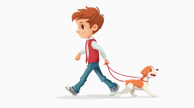 Vector joyful cartoon boy walking with pet dog vector illustration