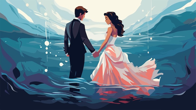 Vector joyful cartoon bride and groom holding hands in wedding outfits