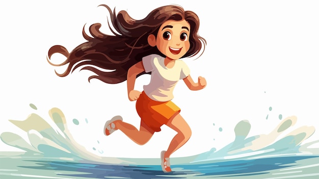 Joyful Cartoon Girl Running and Smiling in Flat Design Style