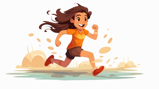 Joyful Cartoon Girl Running and Smiling in Flat Design Style