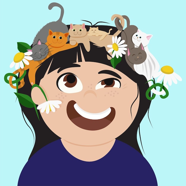 joyful cartoon girl with a wreath of cats on her head