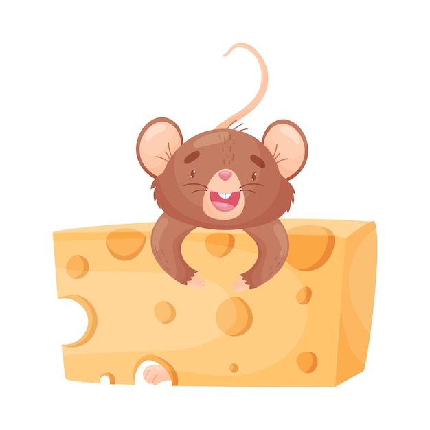 Joyful cartoon mouse hugs a large orange piece of cheese Vector illustration on white background