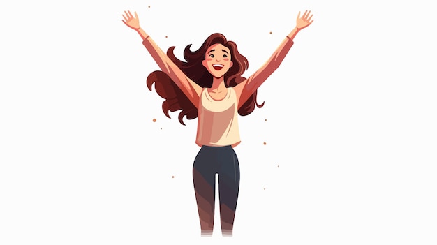 Joyful Cartoon Woman Celebrating with Raised Arms in Air