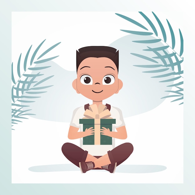 Joyful child boy sits in a lotus position and holds a gift with a bow in his hands Birthday new year or holidays theme Cartoon style Vector illustration