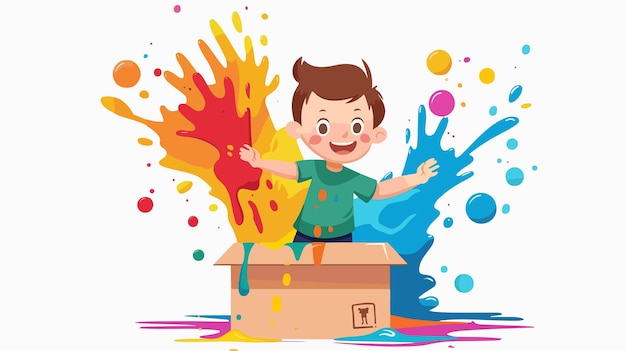 Vector joyful child playing with colorful paint from carton box