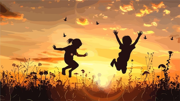 Joyful Children Silhouettes Jumping High on Suns