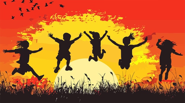 Joyful Children Silhouettes Jumping High on Suns