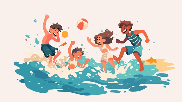 Vector joyful children splashing in the ocean at sunset