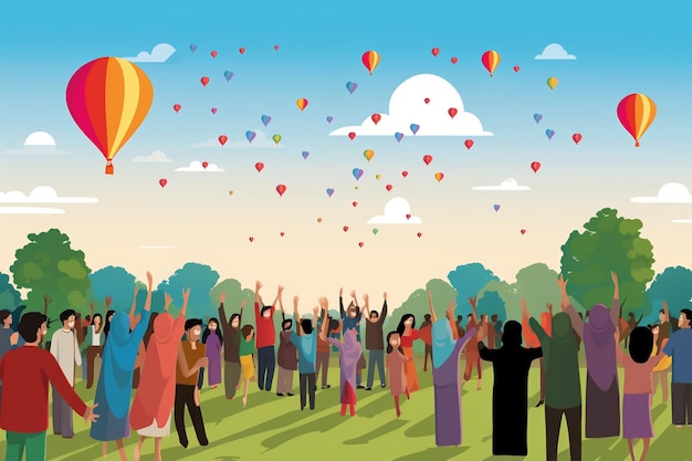 Vector joyful community event with colorful balloons