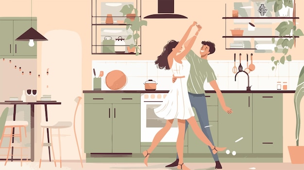 Joyful Couple Dancing in Modern Kitchen Vector Illustration