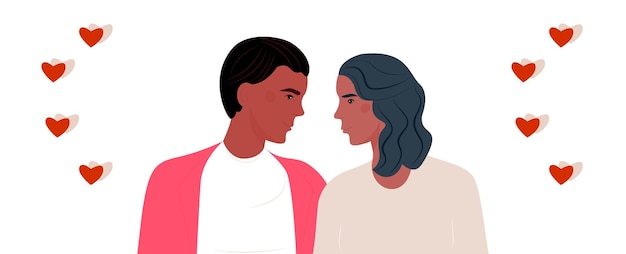 Joyful couple in love Portrait of a young man and woman looking at each other Flat vector illustration