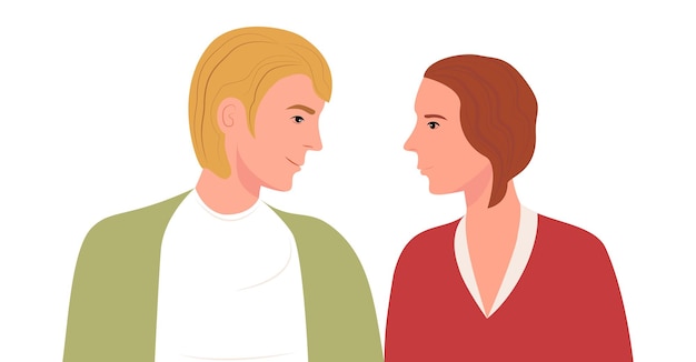 Joyful couple in love Portrait of a young man and woman looking at each other Flat vector illustration