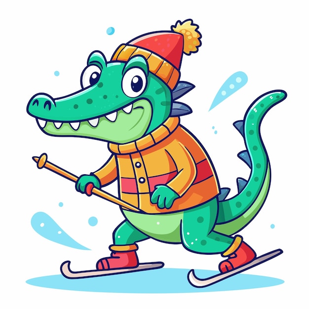 Joyful Crocodile Ice Skier Cartoon Vector Illustration