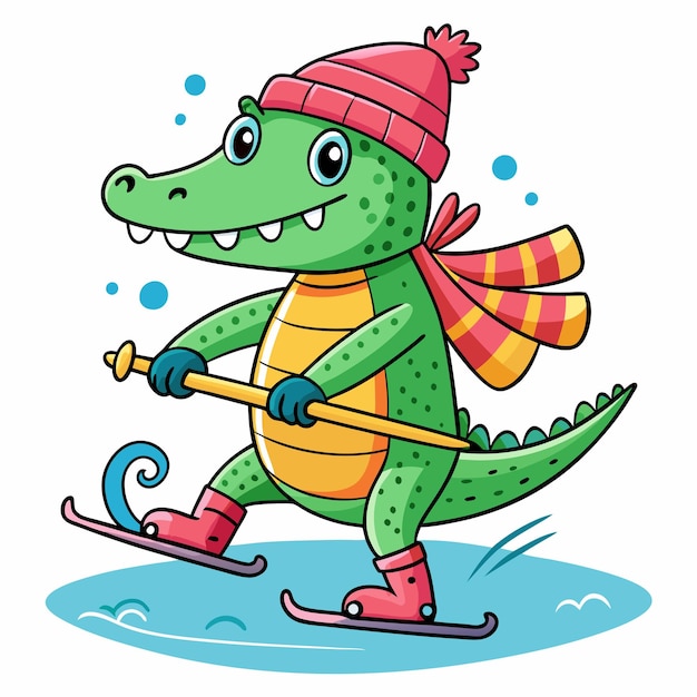 Joyful Crocodile Winter Skiing Cartoon Vector Illustration