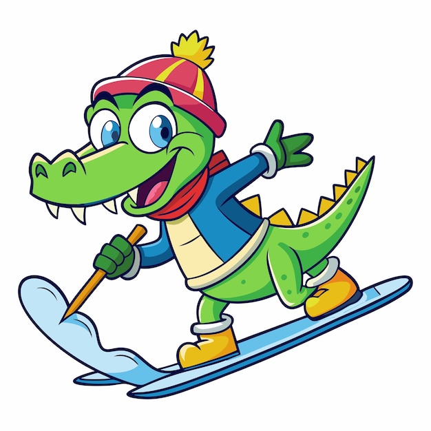 Joyful Crocodile Winter Sports Cartoon Vector Illustration