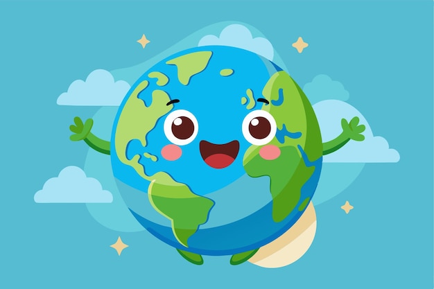 Vector a joyful earth character is waving happily in a sunny atmosphere filled with clouds happy earth customizable cartoon illustration