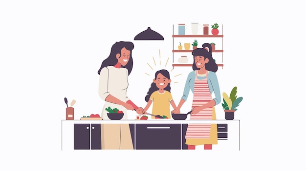 Vector joyful family cooking together happy parents and daughter bonding in the kitchen