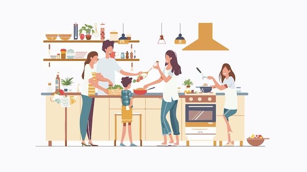 Vector joyful family cooking together in sleek modern kitchen