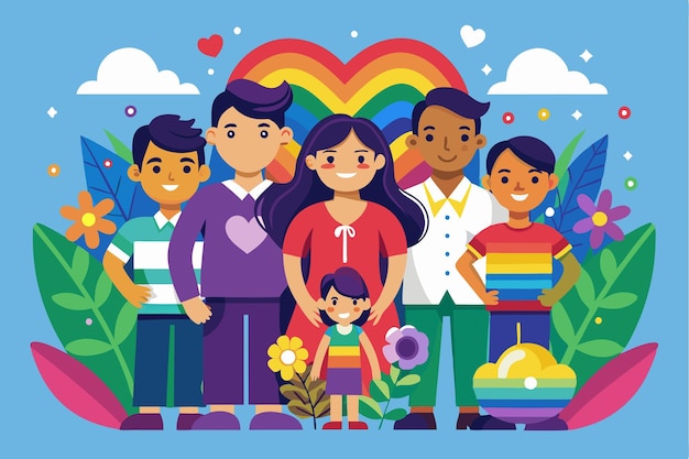 A joyful family stands together dressed in colorful clothing amid vibrant flowers and a rainbow backdrop Organic flat pride day family collection