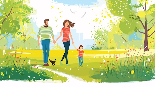 Joyful Family Stroll in Park on Sunny Day Vector Illustration