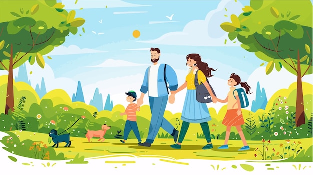 Joyful Family Stroll in Park on Sunny Day Vector Illustration