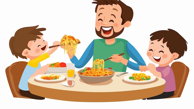 Joyful Father Eating Spaghetti with Kids in a Happy Family Mealtime Moment