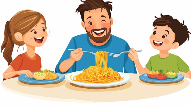 Joyful Father Eating Spaghetti with Kids in a Happy Family Mealtime Moment