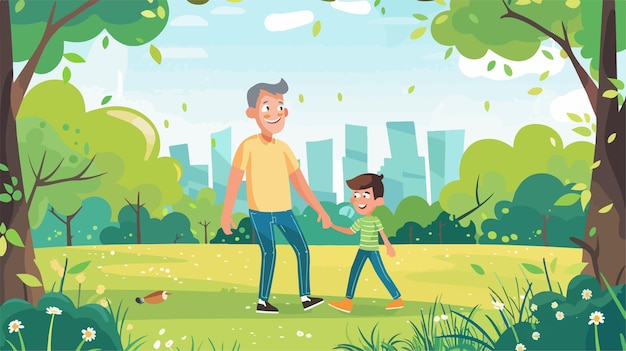 Joyful Father and Son Enjoying Time Together in Lush Green Park Vector Illustration