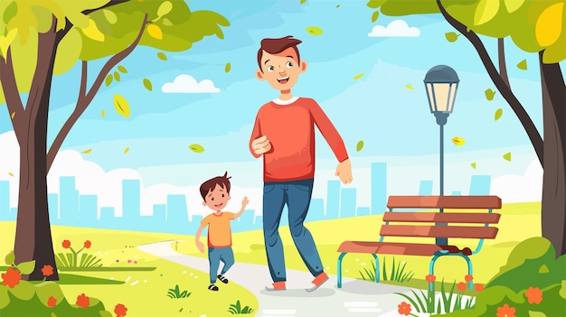 Joyful Father and Son Enjoying Time Together in Lush Green Park Vector Illustration