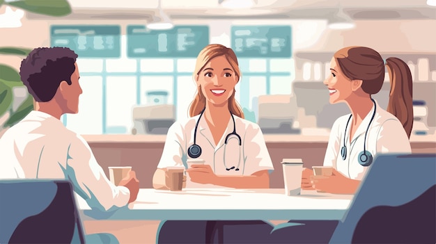 Joyful Female Doctor Drinking Coffee with Colleague