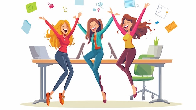 Vector joyful female entrepreneurs celebrating in office cartoon