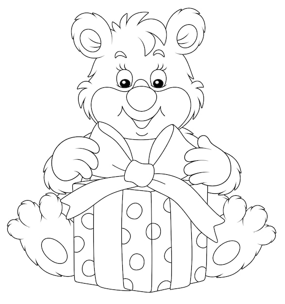 Joyful and friendly smiling little bear cub and a beautiful box with a holiday gift